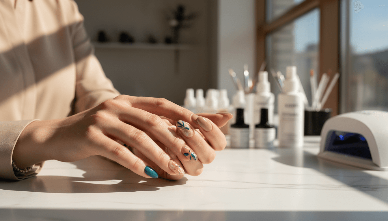 Mains manucurées élégantes présentant un art des ongles professionnel dans le studio The Beauty & Ink Studio à Athus