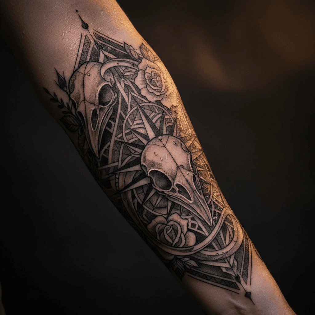 Tatouage personnalisé en noir et gris avec détails artistiques