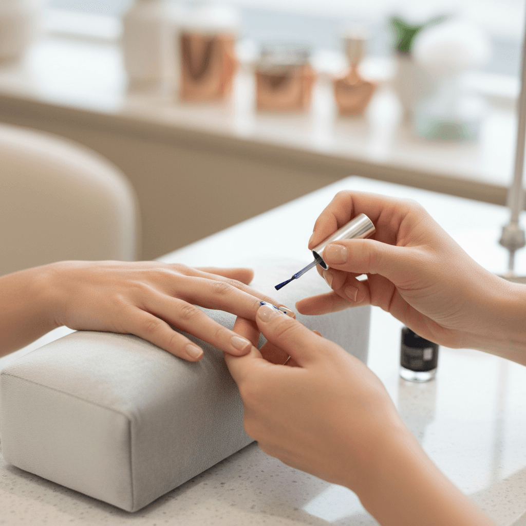 Tatiana Almeida, professional nail technician at The Beauty & Ink Studio in Athus, carefully applying gel polish with precision and care