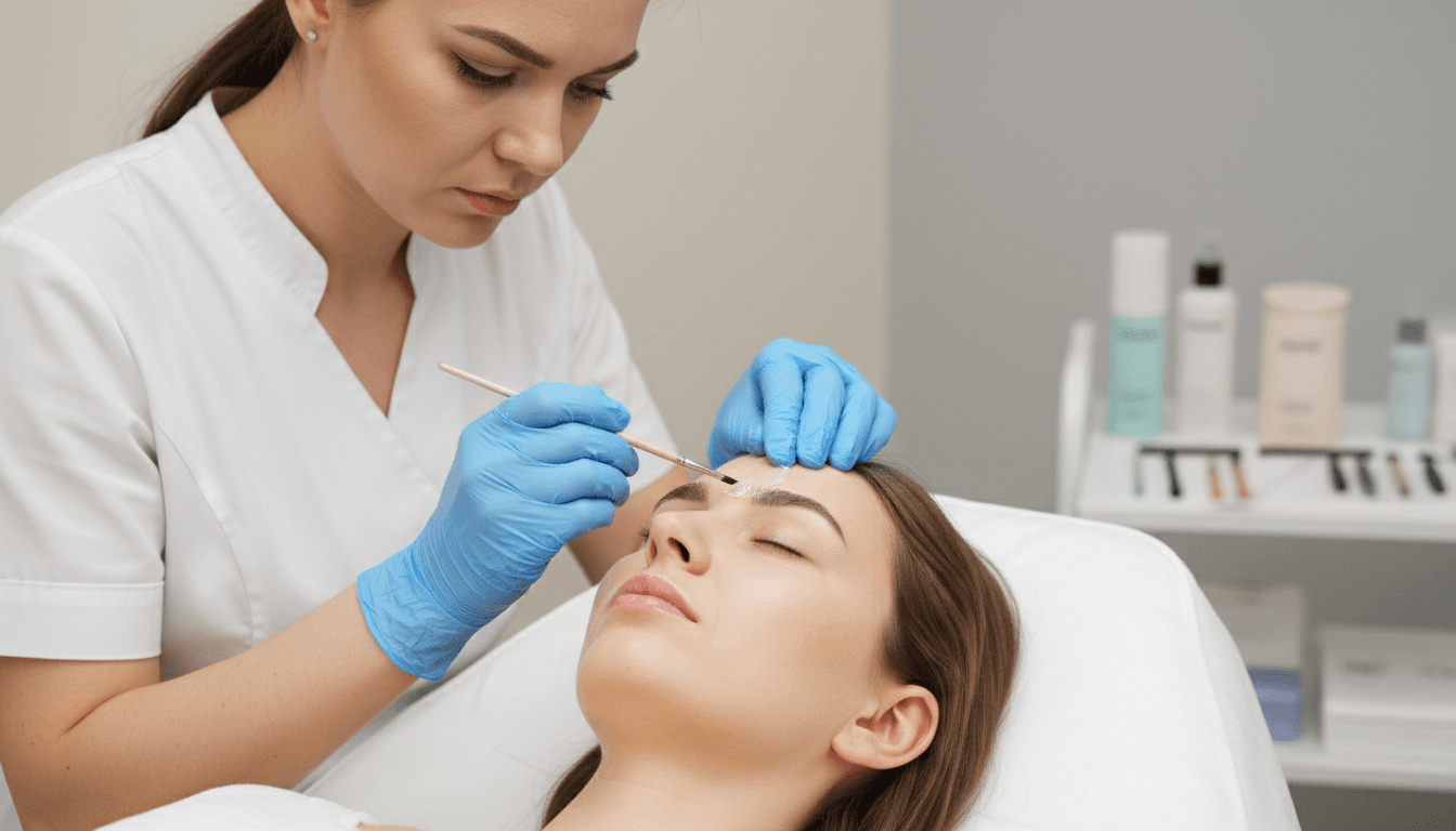 Beauty professional applying lash lift treatment to client's eye in bright, professional salon environment