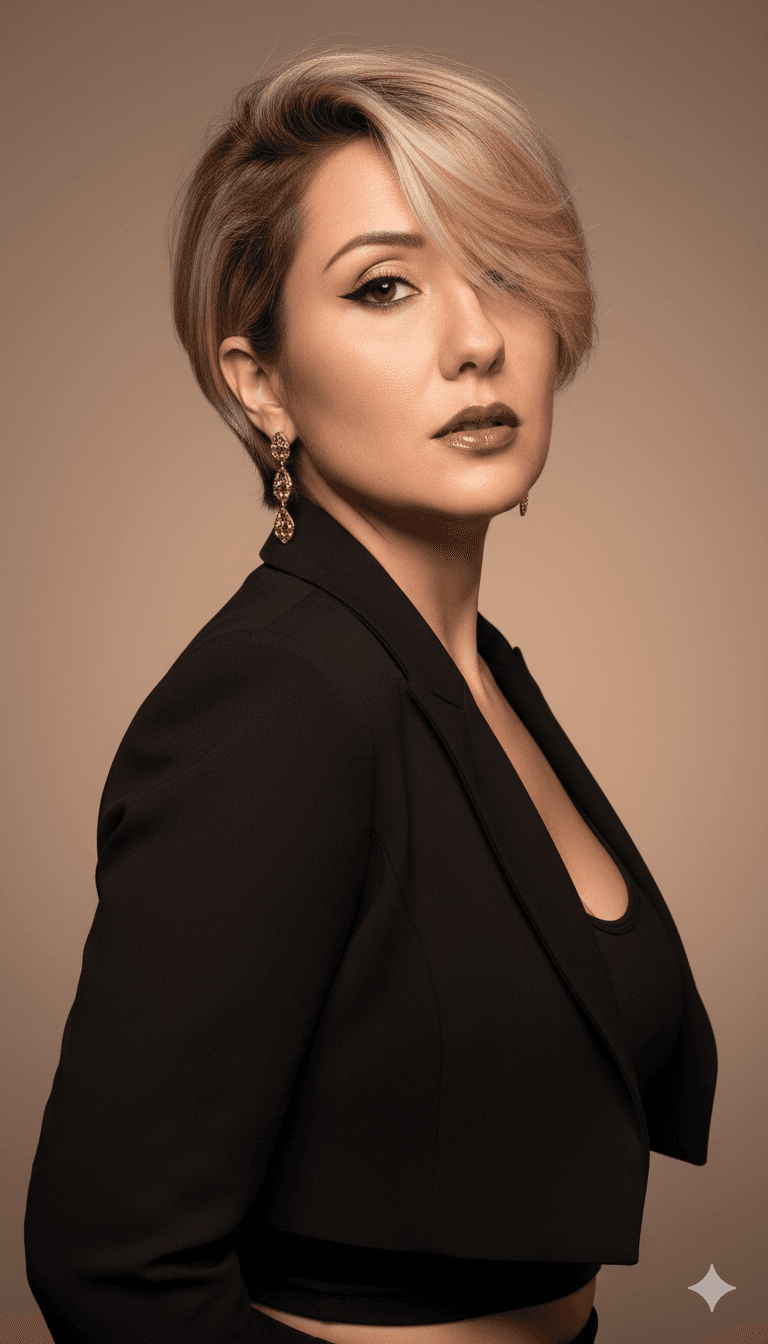 Femme élégante aux cheveux blonds courts portant un blazer noir et des bijoux dorés.