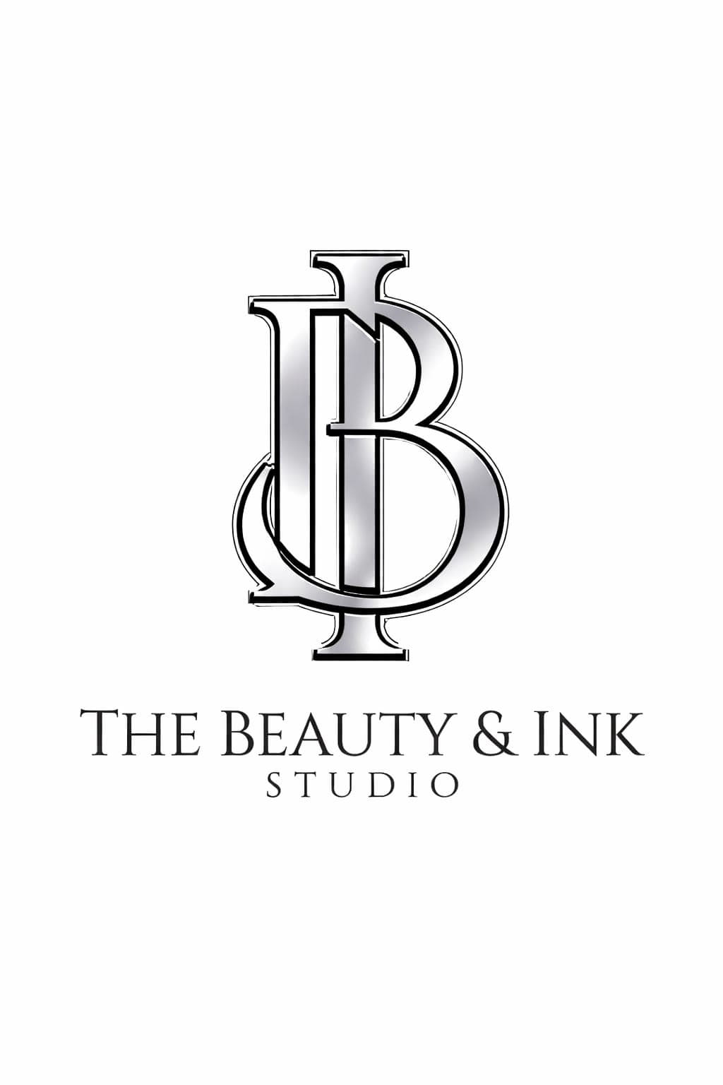 Logo métallique argenté avec monogramme BI entrelacé pour The Beauty & Ink Studio.