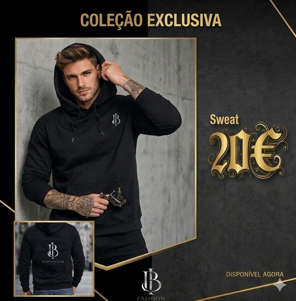 Homme tatoué avec machine à tatouer, sweat à capuche noir, prix vingt euros, collection exclusive.