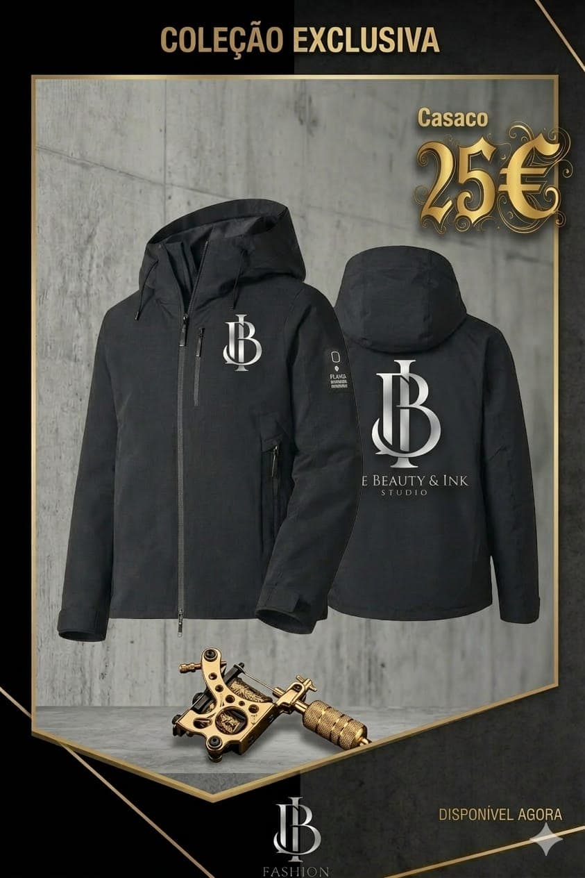 Veste noire à capuche avec logos argentés, vues recto-verso, et une machine à tatouer dorée.