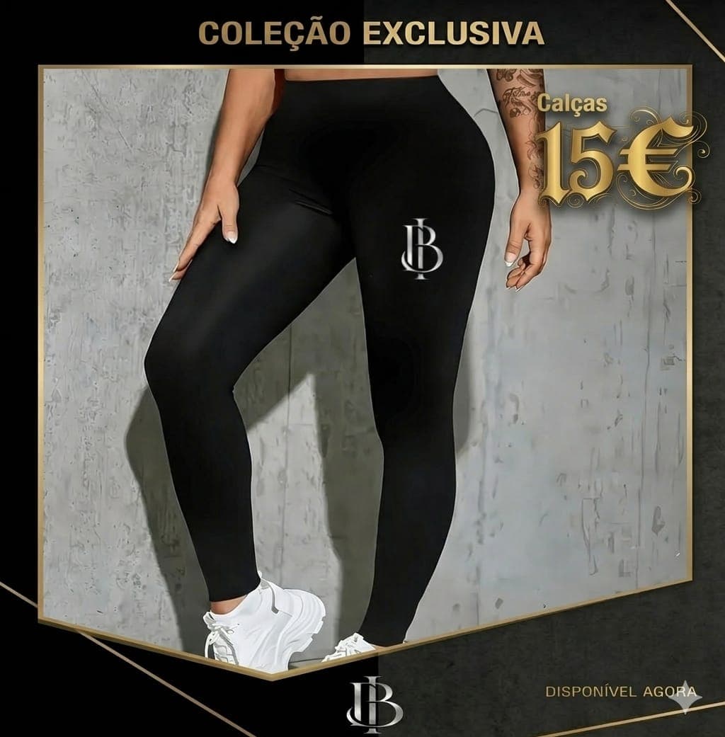 Legging noir avec logo blanc, baskets blanches et texte promotionnel pour quinze euros.