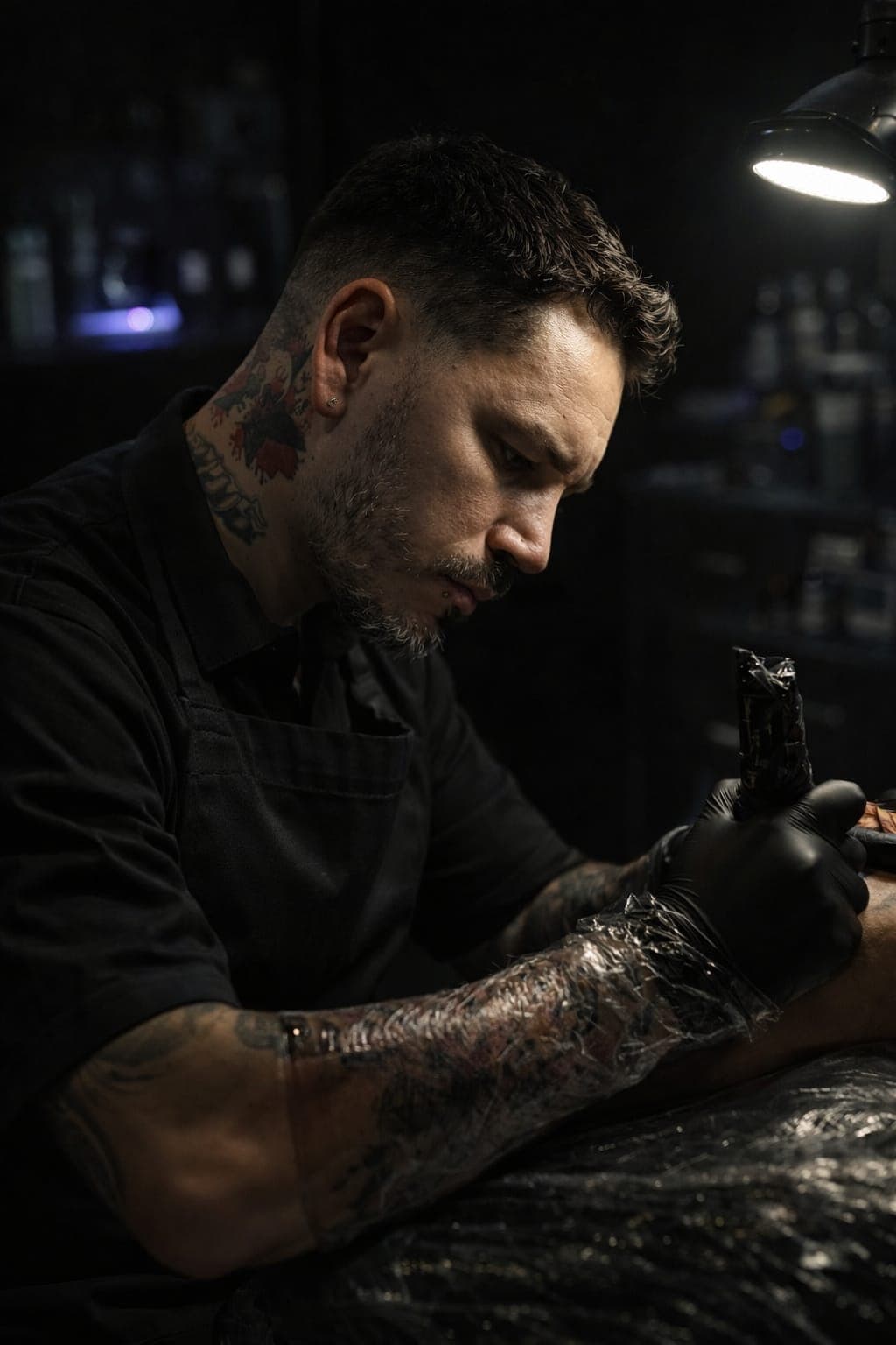 Tatoueur professionnel concentré travaillant sur un bras sous une lumière vive dans l'obscurité.