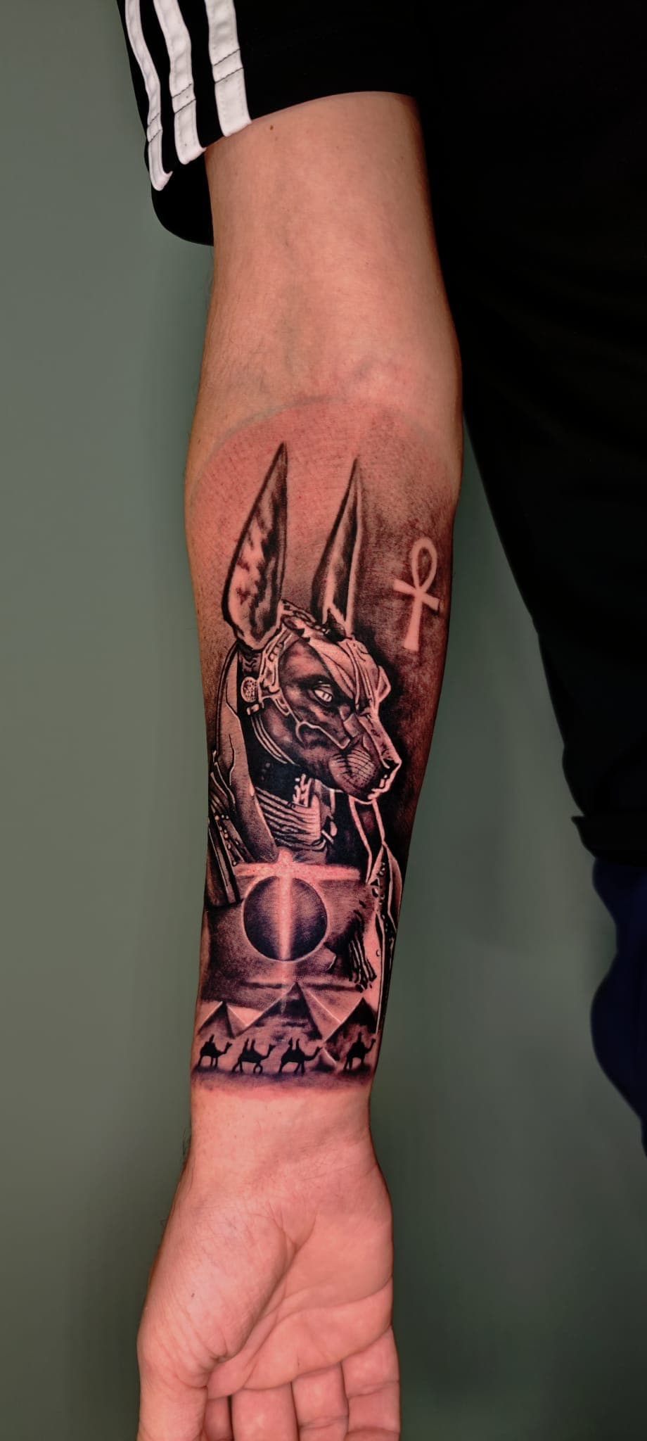 Tatouage réaliste d'Anubis sur l'avant-bras avec pyramides, caravane de chameaux et croix ankh.