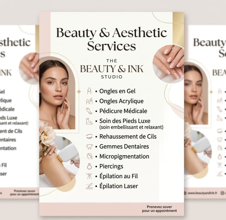 Affiche publicitaire pour soins esthétiques listant divers services avec photos de manucure et visage.