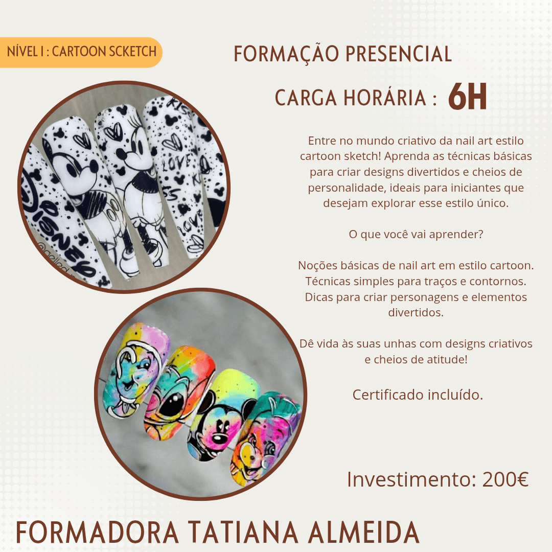 Affiche de formation nail art cartoon sketch montrant des ongles décorés de personnages Disney colorés.