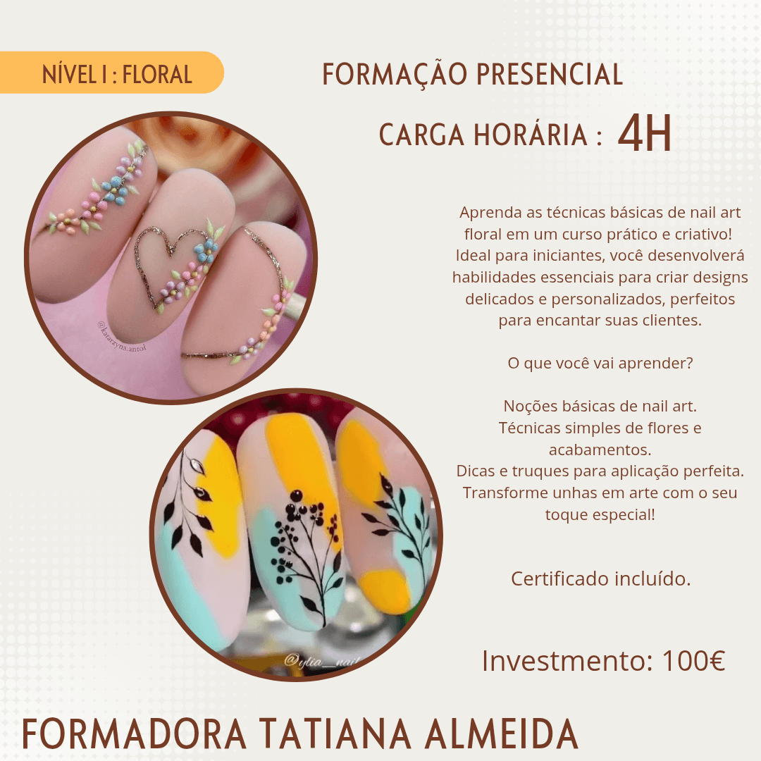 Affiche de formation nail art floral présentant des ongles décorés de fleurs, cœurs et motifs.