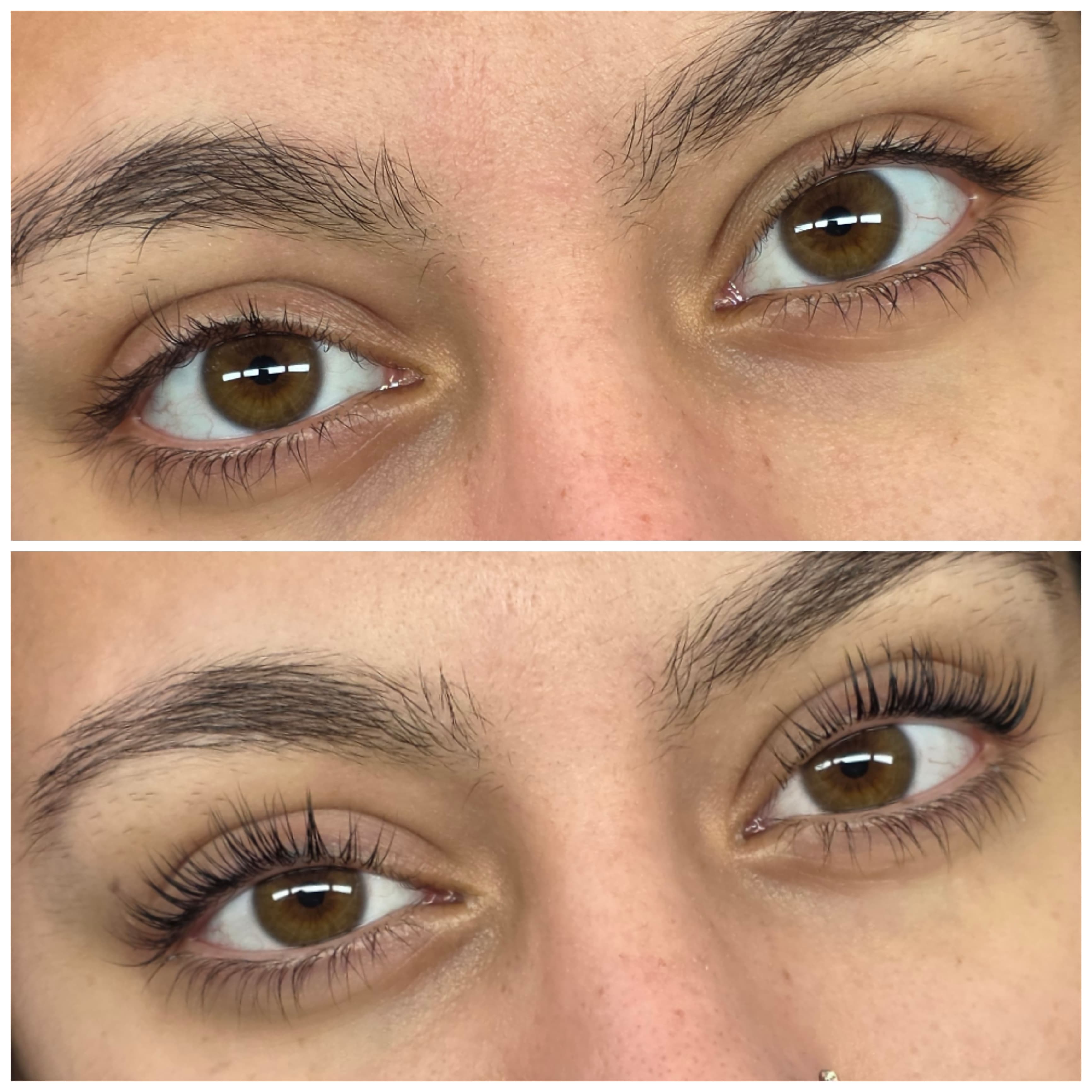 Comparaison avant et après d'un rehaussement de cils, montrant des cils plus longs et recourbés.
