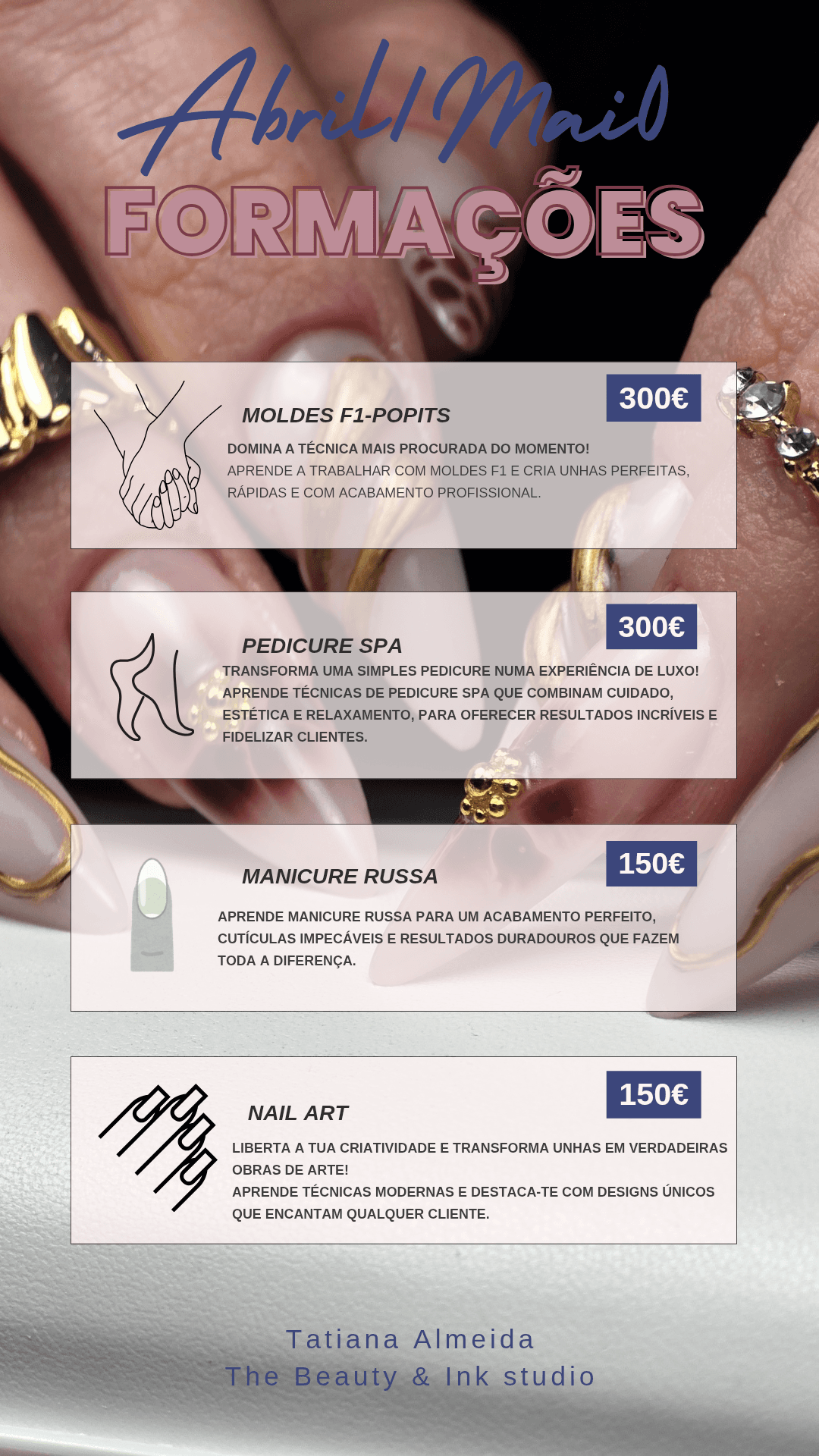 Publicité pour formations de manucure et pédicure avec tarifs sur fond d'ongles artistiques décorés.